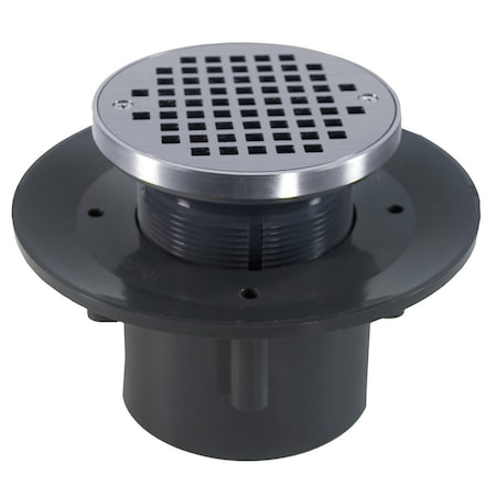 Jones Stephens 2inX3in Heavy Duty PVC Slab Drain Base, 3-1/2in Plastic Spud, 5in Chrome Plated Strainer, Ring D49335